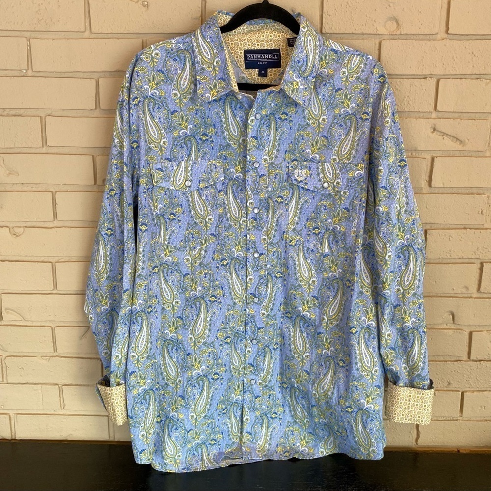 Panhandle Select Blue Paisley Contrast Cuff Pearl Snap Business shirt mens Sz XL - Picture 2 of 8